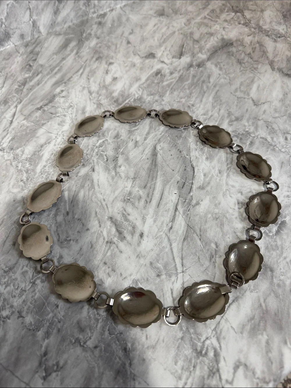 Vintage Silver Tone Concho Linked Belt Engraved Oval Medallions Western